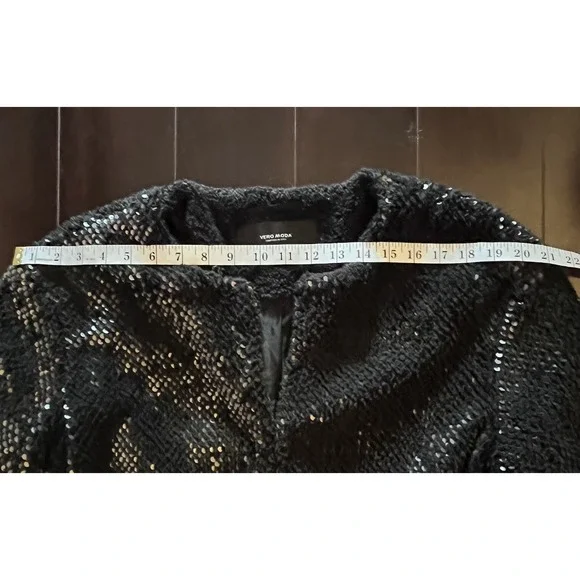 Vero Moda Sz Large Starlight Short Jacket Sequin Black Pockets Glam Bling Sherpa - Picture 13 of 16